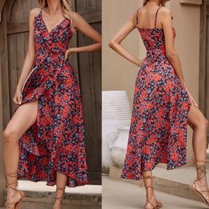 Boho floral ruffle trim cami maxi dress